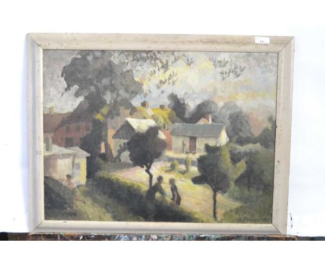 Pauline Plummer, a view over a garden and buildings with figures, oil on board in an impressionist manner, signed, 62 x 46cm,