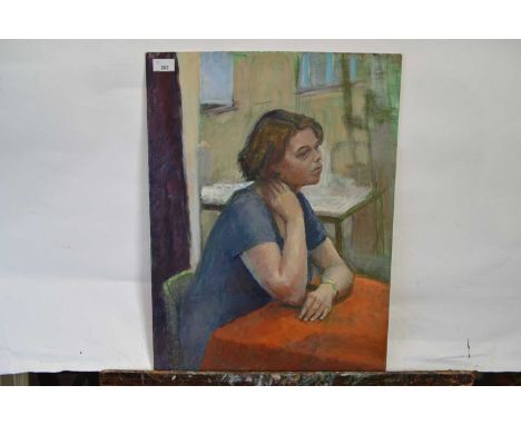 Attributed to Pauline Plummer, "Melanie and the Orange Tablecloth", oil on board, 61 x 46cm