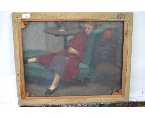 Attributed to Pauline Plummer, an interior scene depicting a lady wearing a red overcoat reclining on a green chaise lounge, 
