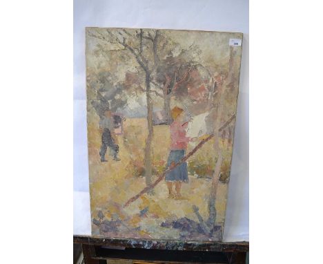 Attributed to Pauline Plummer, a countryside setting depicting a lady attending to her washing, oil on canvas in a post impre