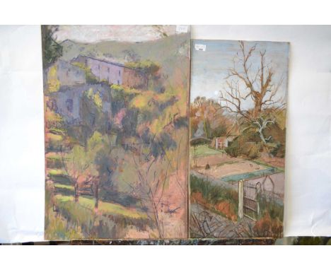 Attributed to Pauline Plummer, a set of three works on board, "Oppede la Vieux" plus view from bedroom in Autumn, Northumberl