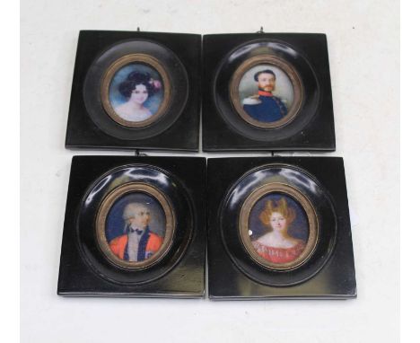 A pair of reproduction portrait miniatures depicting a lady and gent each in three-quarter length pose within ebonised surrou