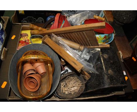 Mixed lot to include miniature trug, zinc planter metalware, child sewing machine etc 