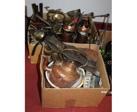 Two boxes of miscellaneous metalware, to include a cooper range kettle, horse brasses, turned steel fire tools, pair of coppe