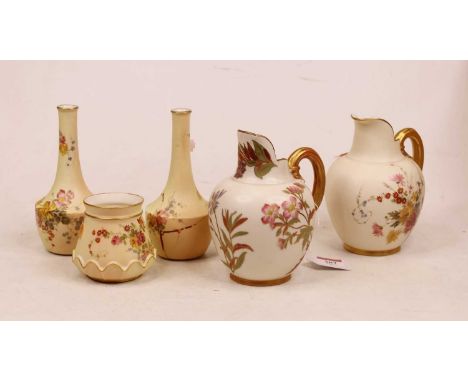 A late Victorian Royal Worcester blush ivory flat back jug, having shot enamel floral decorated and gilt handle, with puce ma