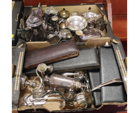 Two boxes of miscellaneous silver plated wares, to include a Georgian style hot water jug, cased and loose flatware etc 