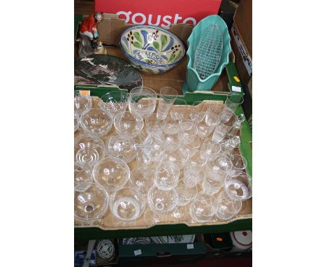 Two boxes comprising assorted Edwardian and later glassware, stoneware planter, pottery bowl, three Royal Doulton Bow Valley 