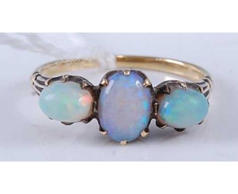 An early 19th century yellow metal and cabochon opal set ring, 3.4g, unmarked but tests as approx 18ct, size SCondition repor