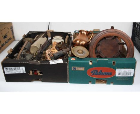 Two boxes of miscellaneous items to include shoe stretchers, stoneware bottle, blowtorch, oak mantel clock, etc