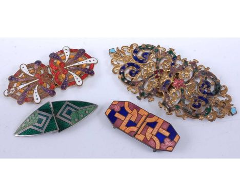 A gilt metal and enamel set belt buckle, together with three others to include art deco examples (4)