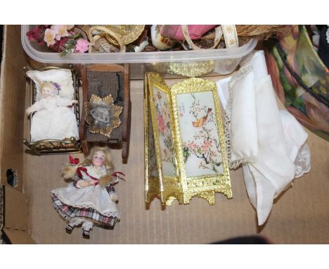 Two boxes of assorted dolls house furniture and accessories to include bureau bookcase, chiffonier, cabinet bookcase, double 