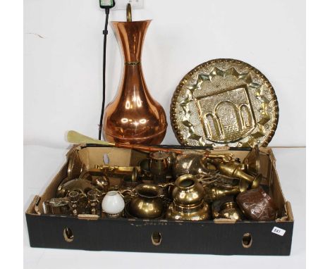 A box of miscellaneous metal ware to include brass fire tools, large copper jug, toasting fork etc