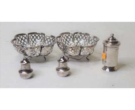 A pair of George V silver bonbon dishes, each of pierced hexagonal form, stamped Hardy Bros Made in England verso; together w