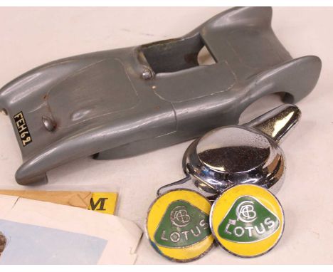 A collection of Jim Clark &amp; Lotus interest items, to include a signed portrait, ephemera, badges, wind tunnel model etc 