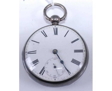 A William IV gents silver cased open faced pocket watch having an unsigned white enamel dial, keywind movement, the back plat