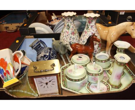 Two boxes of miscellaneous items to include two Clarice Cliff style jugs, a Westerveld German pottery jug, dressing table set