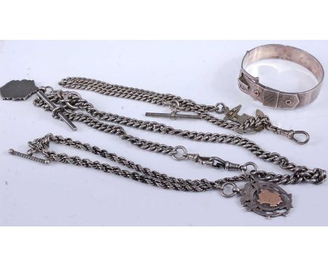 A silver curb link double watch chain with T-bar and associated pendant, and one other, together with silver rope twist watch