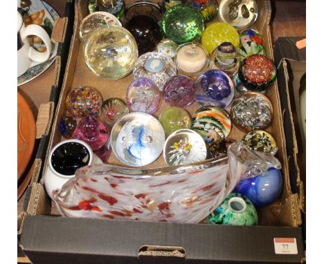 A box of miscellaneous glassware, mainly being paperweights, to include cut clear glass example with inlaid Wedgwood portrait