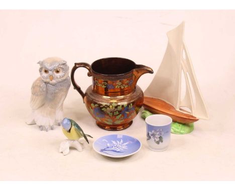 A collection of miscellaneous items, to include a Nao figure of an owl, Carlines figure of a bird, lustre jug, Copenhagen dis