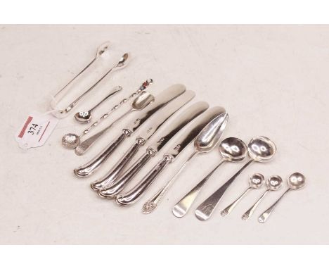 A small collection of flatware, to include George III silver mustard spoon, silver grapefruit spoon, silver handled tea knive