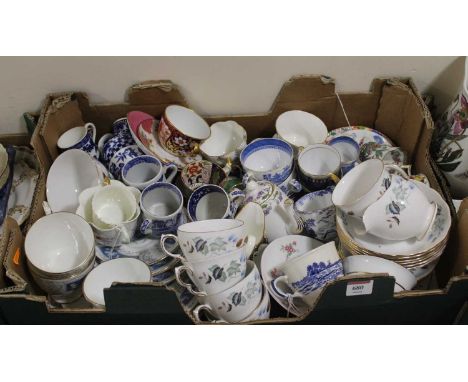 A box of various porcelain coffee cans, tea cups and saucers to include Copeland and Garrett, Royal Doulton and Colclough