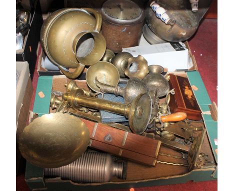 A large collection of miscellaneous items, to include Eastern brass vases, coal scuttle, oak cased mantel clock etc 