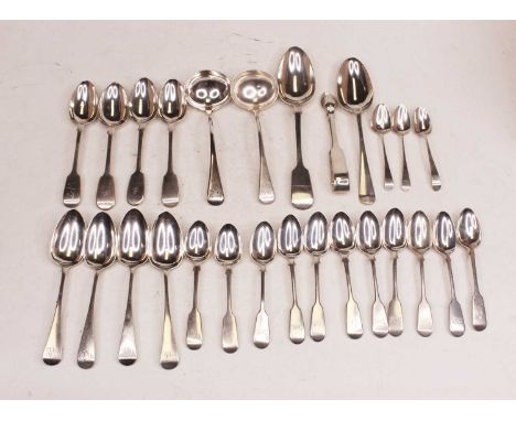 A set of six Victorian silver teaspoons, in the Fiddle pattern; together with a harlequin set of six silver teaspoons in the 