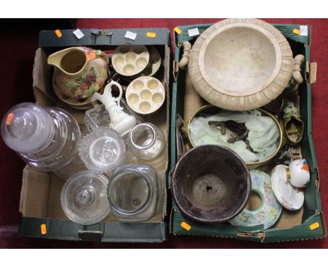Two boxes of sundries, to include brass planter, assorted glassware, teawares etc 