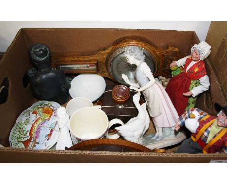 A box of miscellaneous items, to include an early 20th century beech cased aneroid barometer, a Nao Spanish porcelain figure 