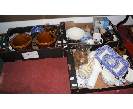 Three boxes of miscellaneous china and glassware, to include blue and white transfer decorated bowl, Carlsberg beer pitcher e