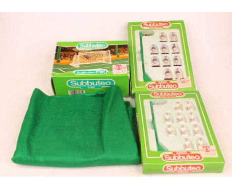 A collection of vintage Subbuteo game pieces and accessories