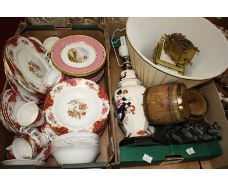 Two boxes containing miscellaneous items, to include a reproduction brass lantern clock, Paragon Rockingham part dinner servi