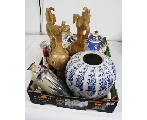 Three boxes of miscellaneous items to include a Japanese cloisonne vase, a Staffordshire spill holder, Victorian teapot, Pool