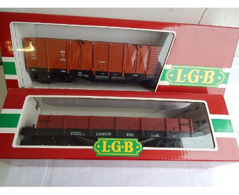 LGB GAUGE 1 2 BOXED BOGIE WAGONS 4061 OPEN TOP 3 PLANK WAGON & 4062 OBB WOOD DOUBLE HOPPER & BRAKEMANS PLATFORM, AS NEW