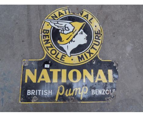 NATIONAL BRITISH PUMP BENZOLE ENAMEL ADVERTISING SIGN 26" X 28"