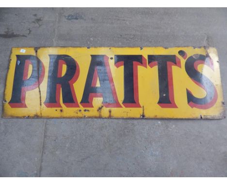 PRATTS 52" X 18" ENAMEL ADVERTISING SIGN, YELLOW, BLACK & RED