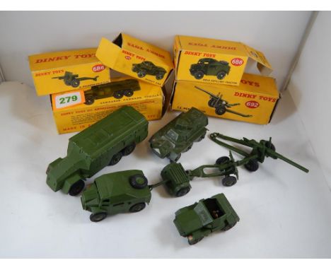 4 BOXED DINKY MILITARY VEHICLES 677 ARMOURED CAR, 692 5.5 GUN, 688 FIELD TRACTOR, 686 25PDR, 673 SCOUT & U/B 670 & GUN TRAILE