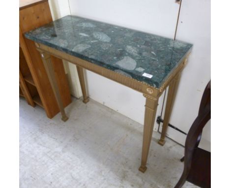 A modern giltwood console table with a mottled green and black marble top, raised on square, tapered legs  32''h  36''w      
