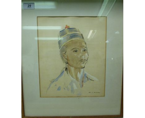 H Sheldon - a head and shoulder portrait, a young Asian man  watercolour  bears a signature  14'' x 12'' in a mahogany frame 