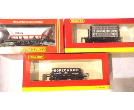 Three Hornby wagons; R249 HAA Hopper, R6581 Morecambe Electric and R6582 Harrington Coke. P&amp;P Group 1 (£14+VAT for the fi