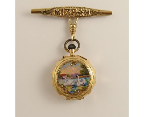 A 14ct gold enamelled fob watch depicting swans on a lake, further set with rose cut diamonds, the white enamel dial has blac