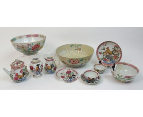 A Chinese famille rose Rooster pattern teapot (lacks handle, chips to spout), 12cm high, tea caddy (lacks cover, repaired), 1