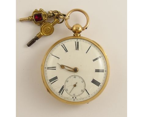 An 18ct gold open face pocket watch with floral engraved case, dated 1869-70 London, with white enamel dial, black Roman nume