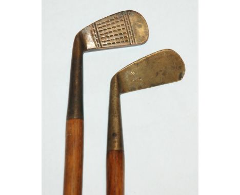 An early brass-headed Sunday club/walking stick with wood inset, another brass-headed smooth-faced Sunday club and a Ping Cus