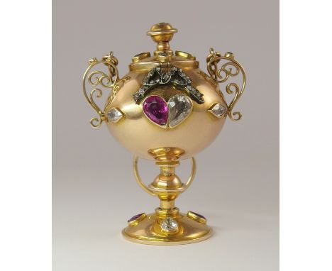 A yellow metal diamond and ruby gem vinaigrette possibly Russian in origin, with double chain to finger ring, the bulbous bod