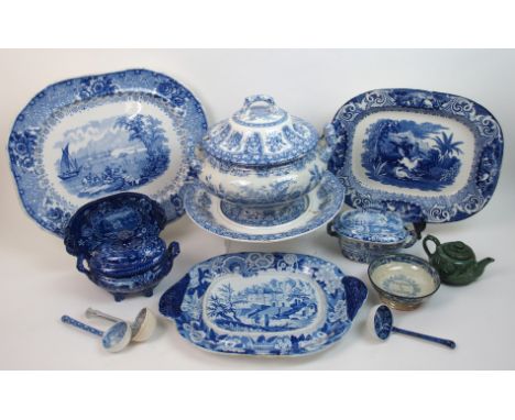 A collection of 19th century blue and white transfer printed pottery including JMP Bell 'Palestine' platter, JMP Bell 'Paragu