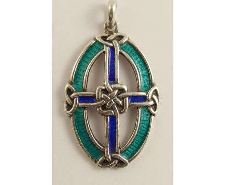 An Alexander Ritchie silver and enamel pendant known as the Nunnery Cross, it is enamelled in turquoise and cobalt blue to th
