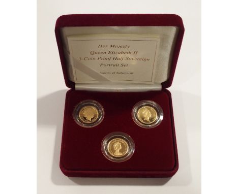 United Kingdom 3-Coin Half Sovereigns Portraits Proof Set each coin depicting a different portrait of Queen Elizabeth 1982, 1