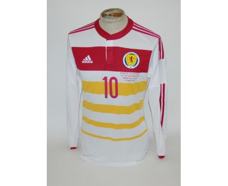A white Scotland v. Northern Ireland International shirt No.10 with button-up collar and printed badge inscribed Scotland Est