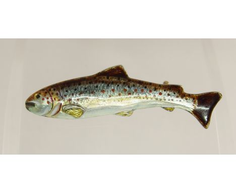 An enamelled brown trout brooch made in 15ct gold and silver to replicate the markings of the trout, with engraved scales und